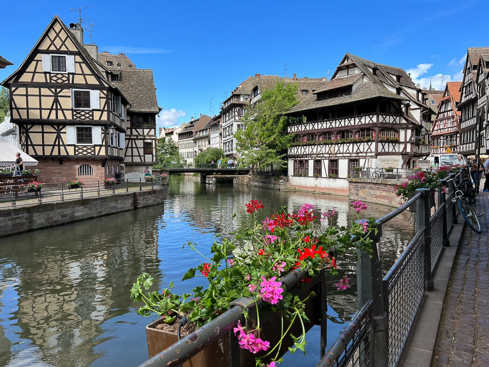 Half-timbered houses in Strasbourg's Petit France district. Eastern France in the summer
